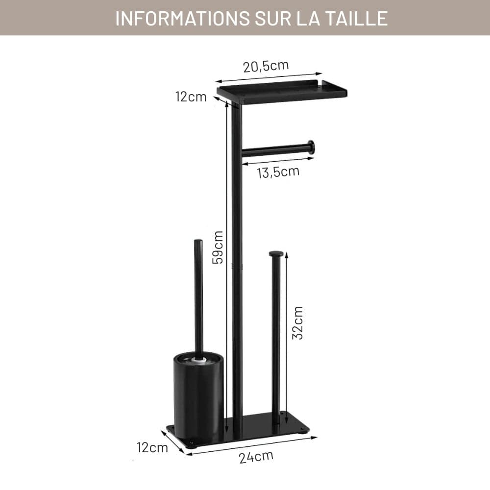 Porte Papier Toilette 4-en-1 Sur Pied - Station Complète Mobile Noire