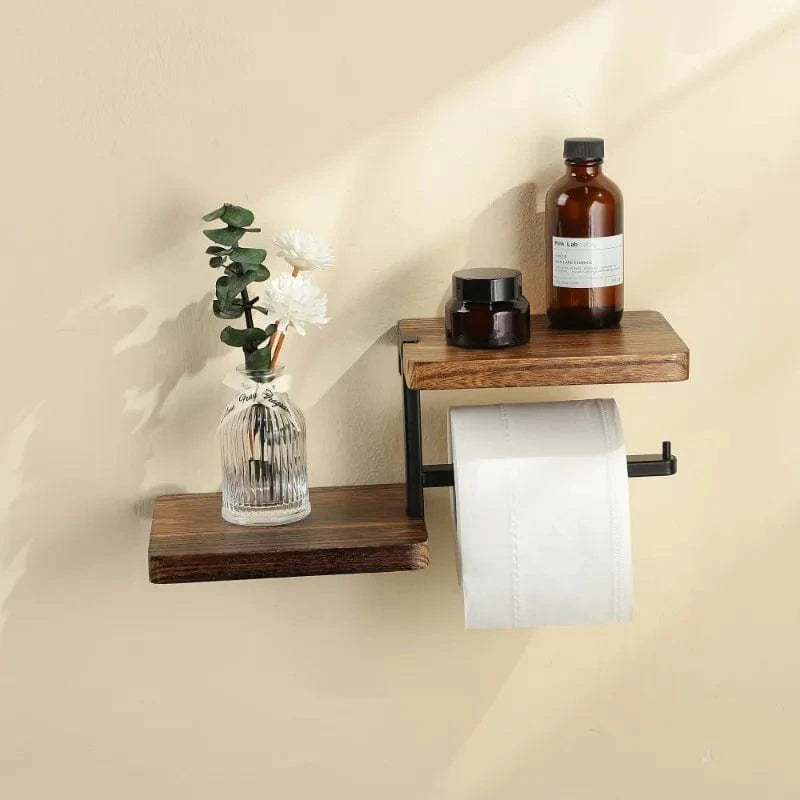Porte Papier Toilette avec Tablette Bois - Design Industriel Moderne