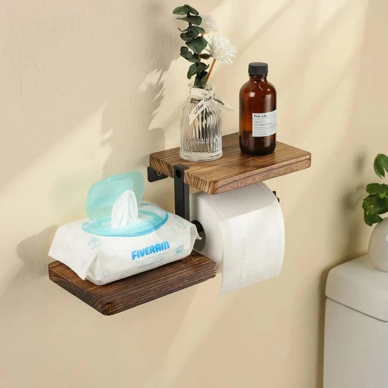 Porte Papier Toilette avec Tablette Bois - Design Industriel Moderne