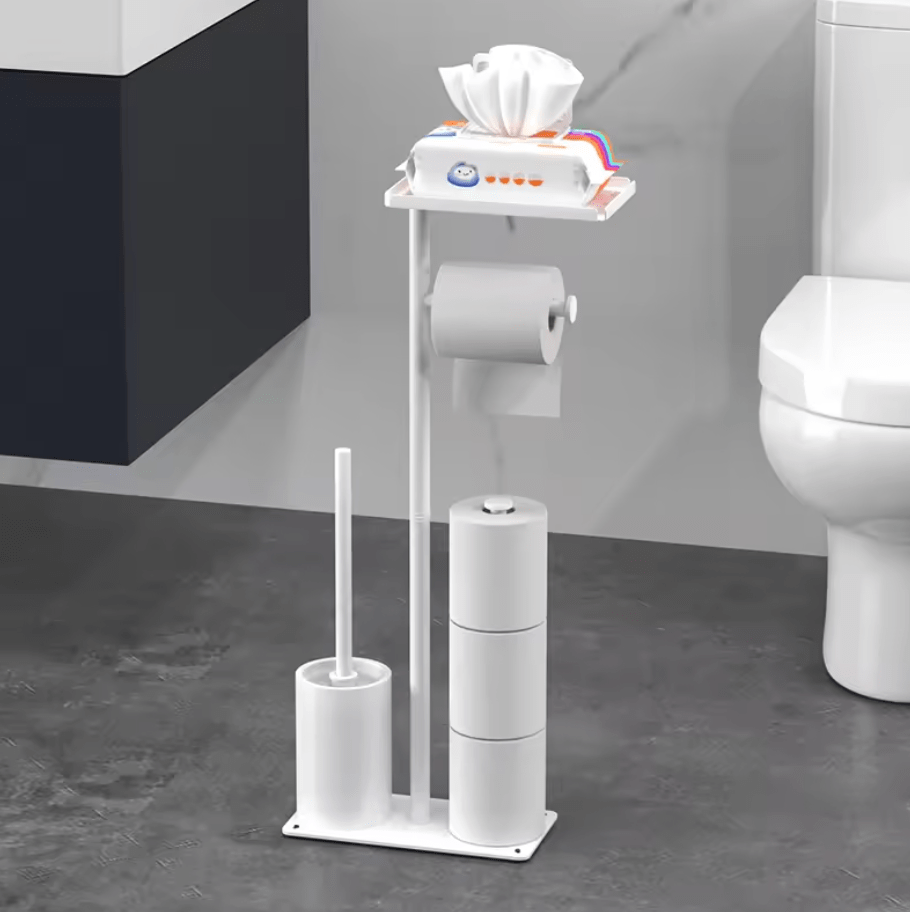 Porte Papier Toilette 4-en-1 Sur Pied - Station Complète Mobile Blanche
