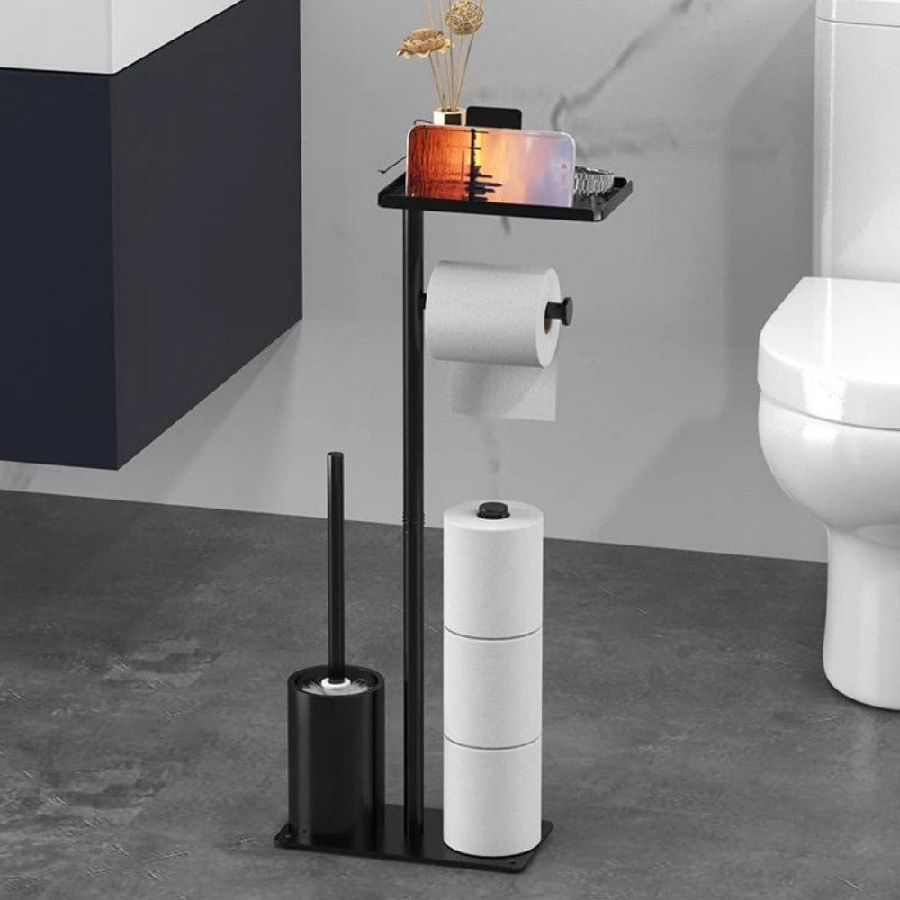 Porte Papier Toilette 4-en-1 Sur Pied - Station Complète Mobile Noire