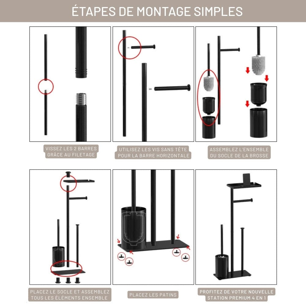 Porte Papier Toilette 4-en-1 Sur Pied - Station Complète Mobile Noire