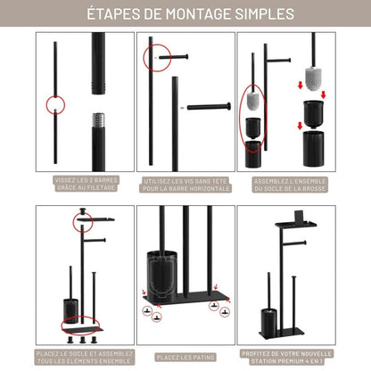 Porte Papier Toilette 4-en-1 Sur Pied - Station Complète Mobile Noire
