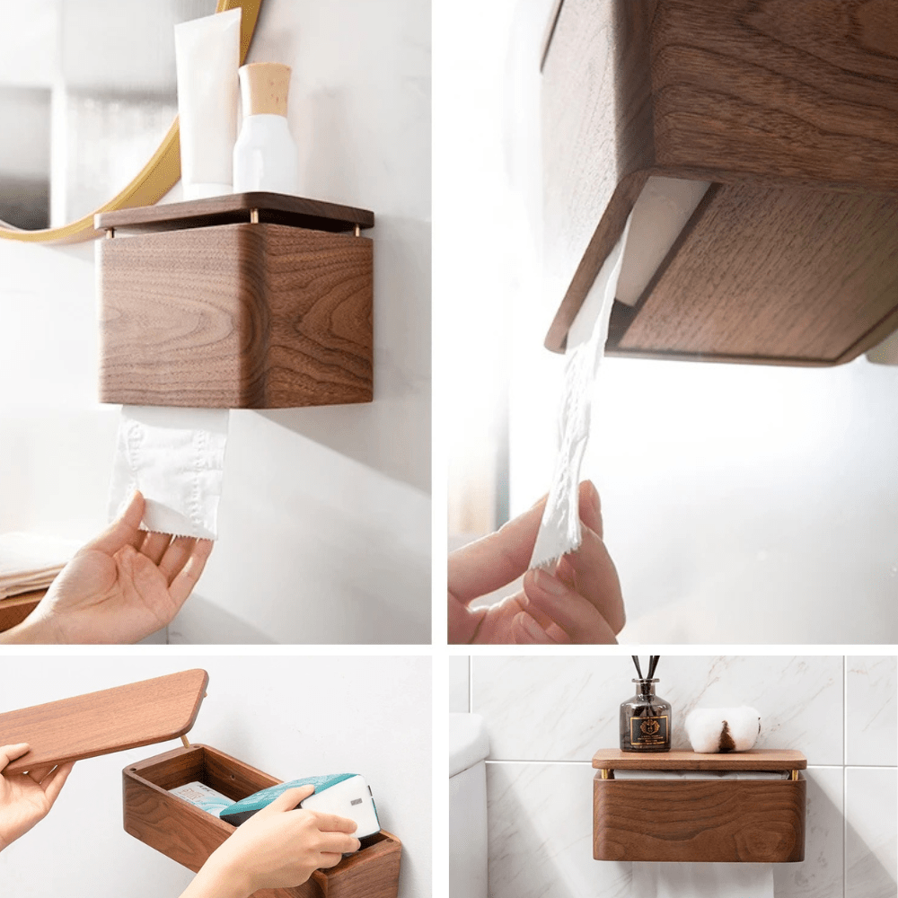 Porte Papier Toilette avec Support Bois - Tablette Rangement