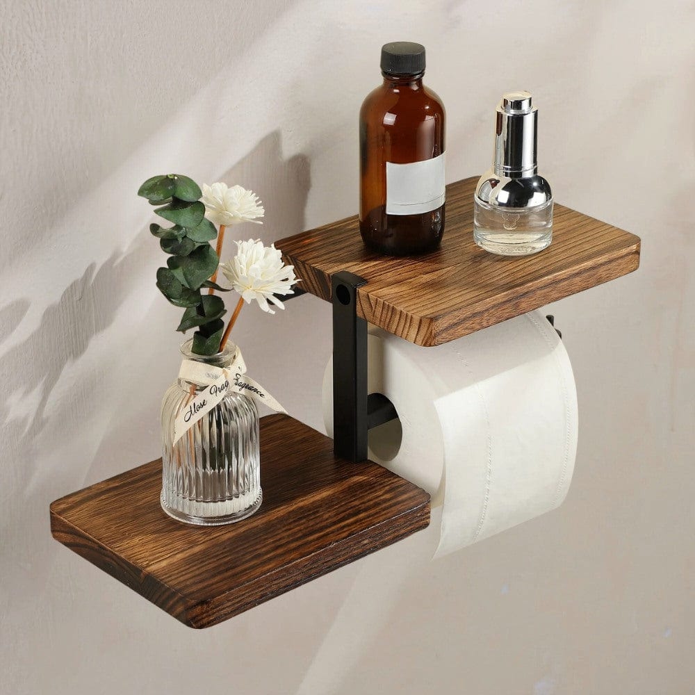 Porte Papier Toilette avec Tablette Bois - Design Industriel Moderne