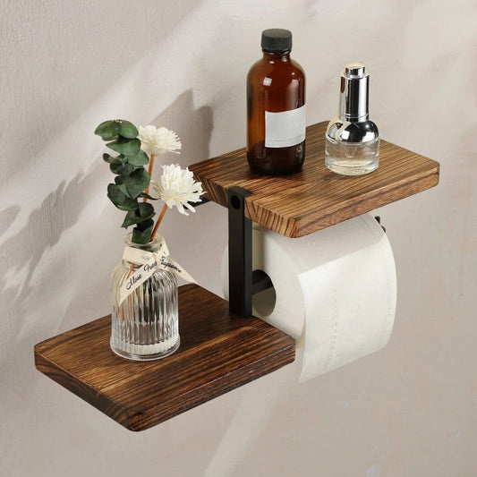 Porte Papier Toilette avec Tablette Bois - Design Industriel Moderne