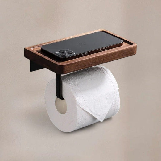 Porte Papier Toilette Bois et Noir - Tablette Accessoires