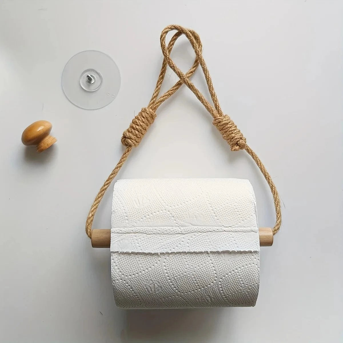 Porte Papier Toilette Rustique - Corde Chanvre & Bois Naturel