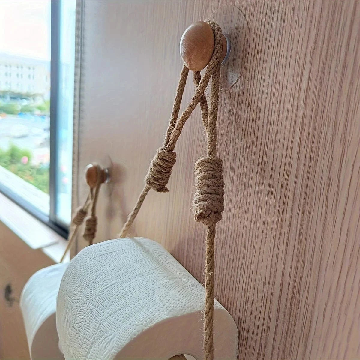 Porte Papier Toilette Rustique - Corde Chanvre & Bois Naturel