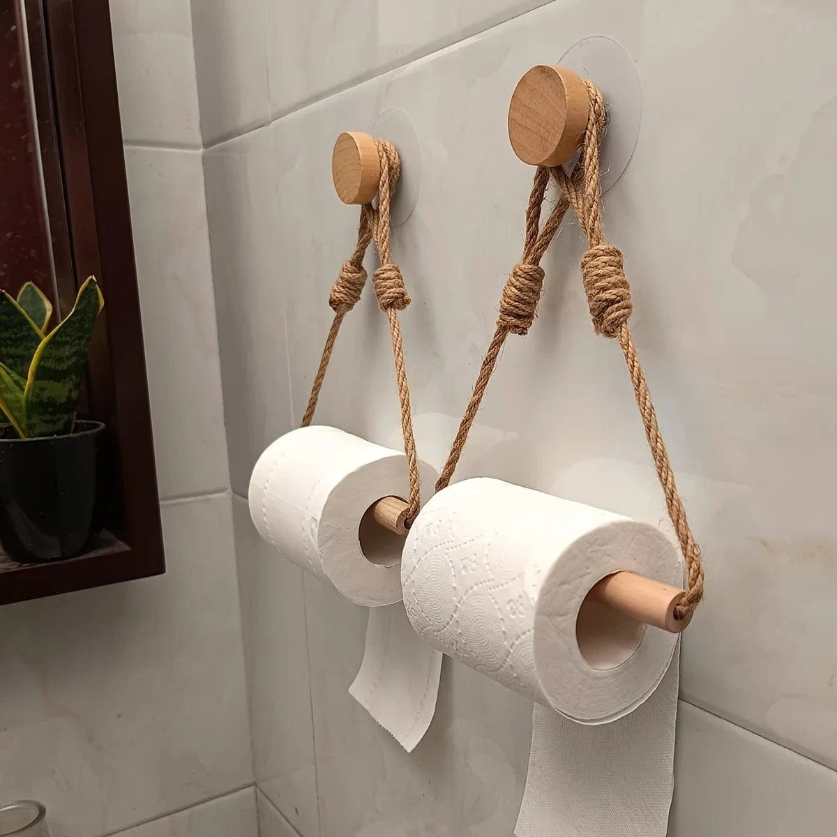 Porte Papier Toilette Rustique - Corde Chanvre & Bois Naturel