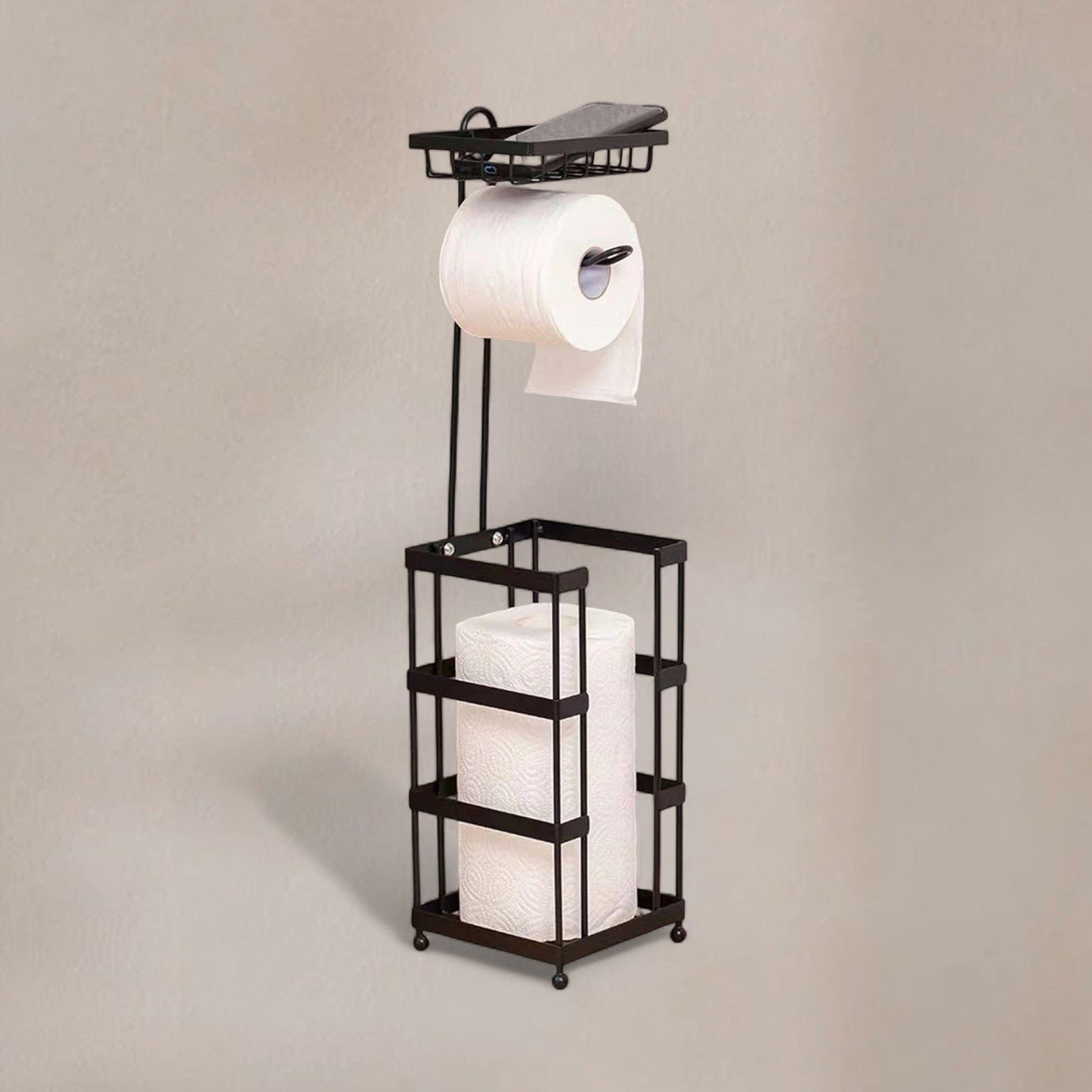 Porte Papier Toilette sur pied en métal - Station Premium 3-en-1