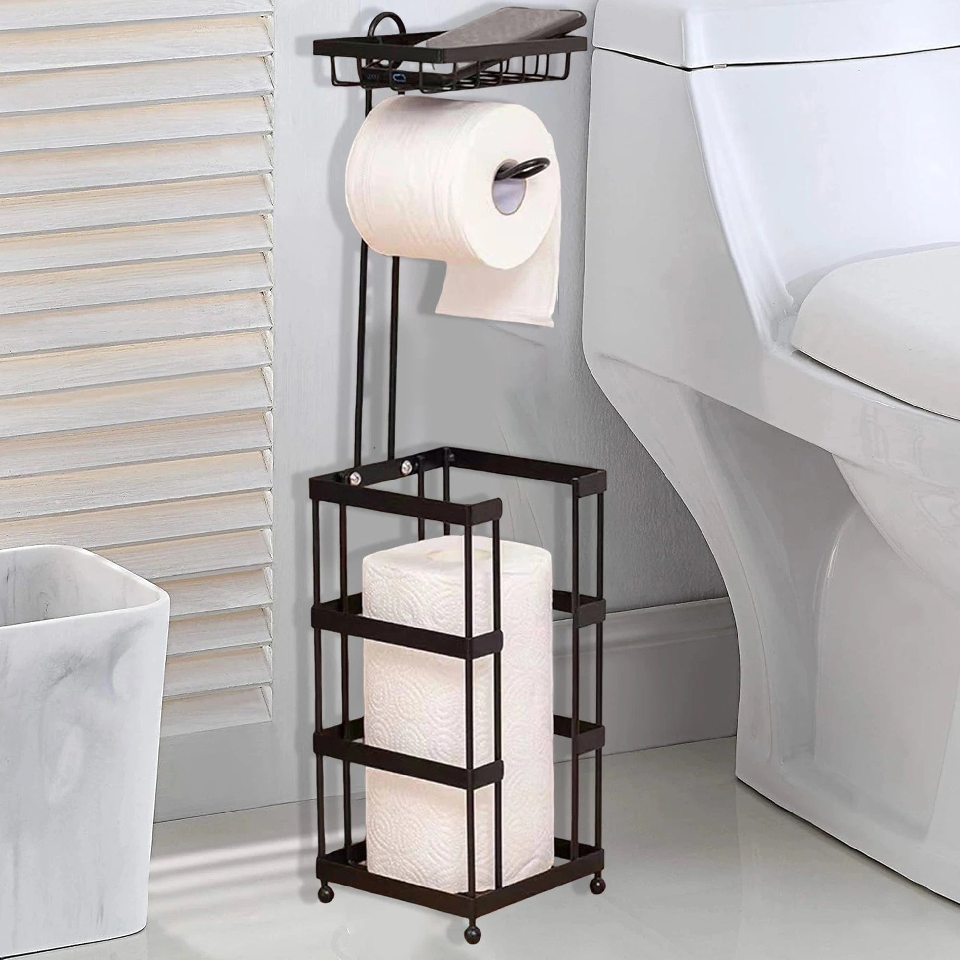 Porte Papier Toilette sur pied en métal - Station Premium 3-en-1