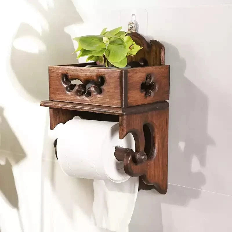 Porte Papier Toilette Vintage en Bois - Motifs Sculptés