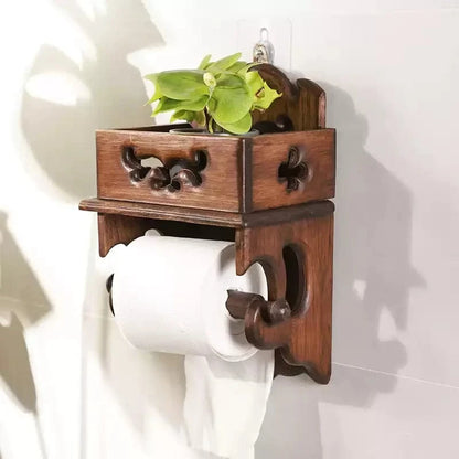 Porte Papier Toilette Vintage en Bois - Motifs Sculptés