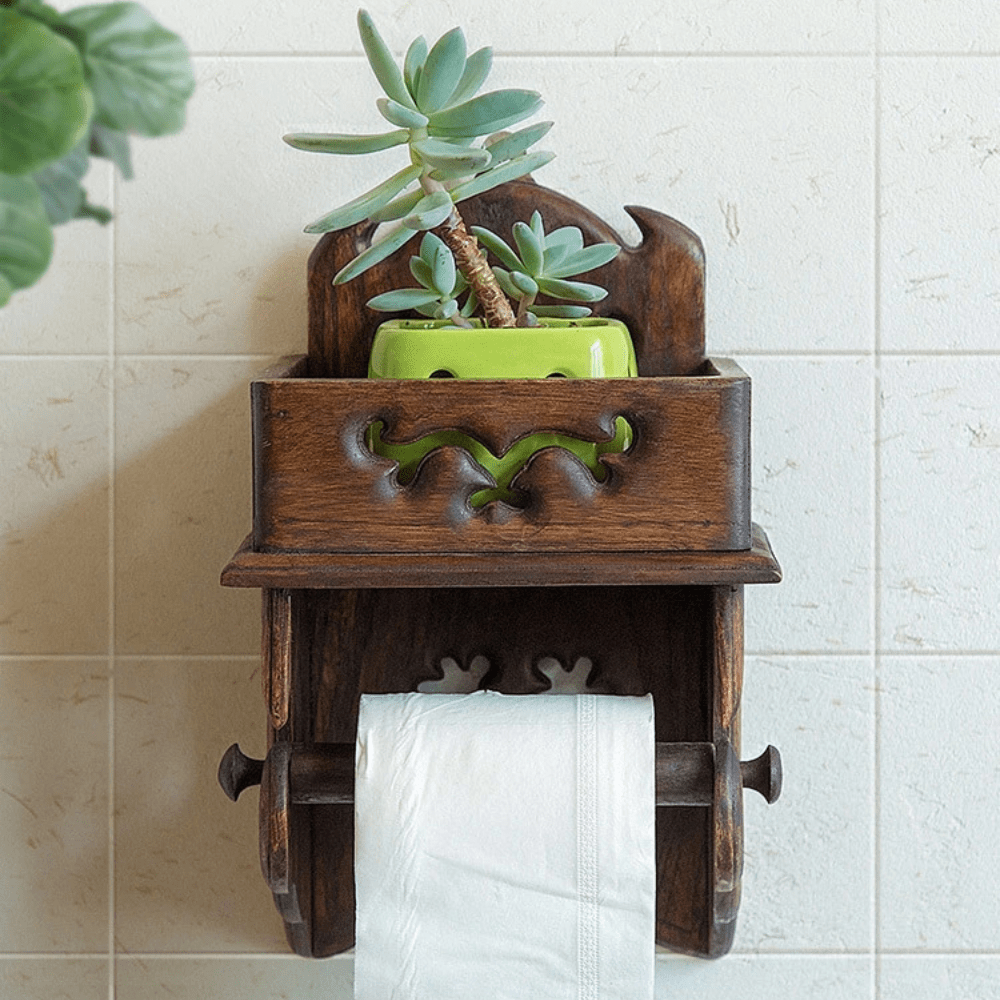 Porte Papier Toilette Vintage en Bois - Motifs Sculptés