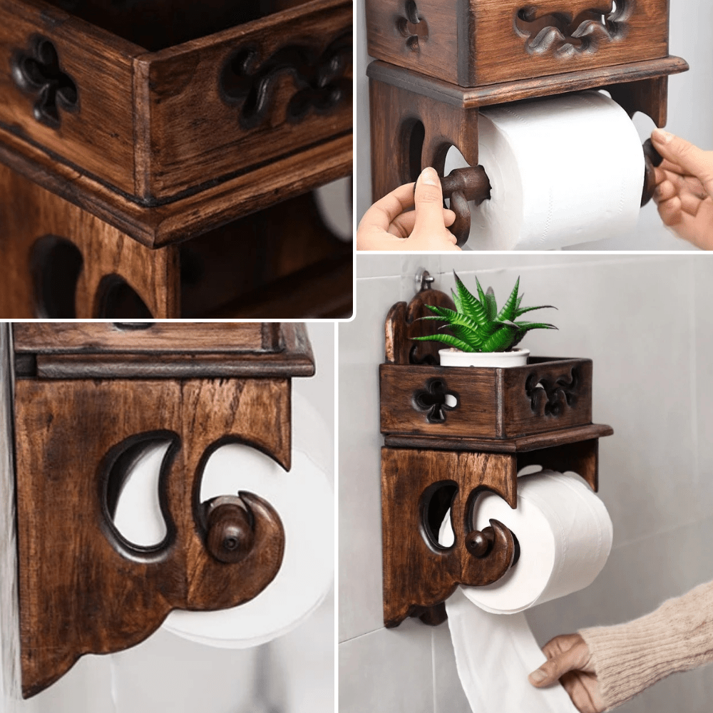 Porte Papier Toilette Vintage en Bois - Motifs Sculptés