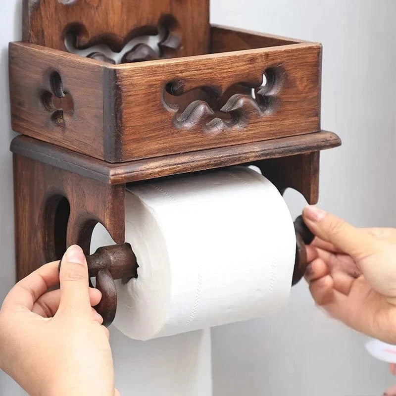 Porte Papier Toilette Vintage en Bois - Motifs Sculptés