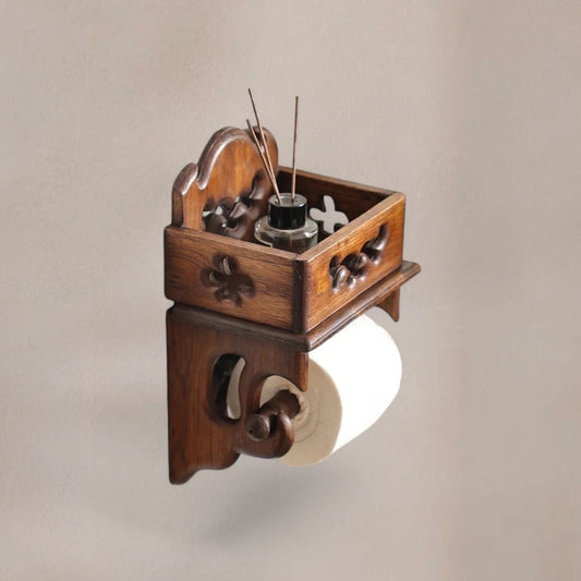 Porte Papier Toilette Vintage en Bois - Motifs Sculptés