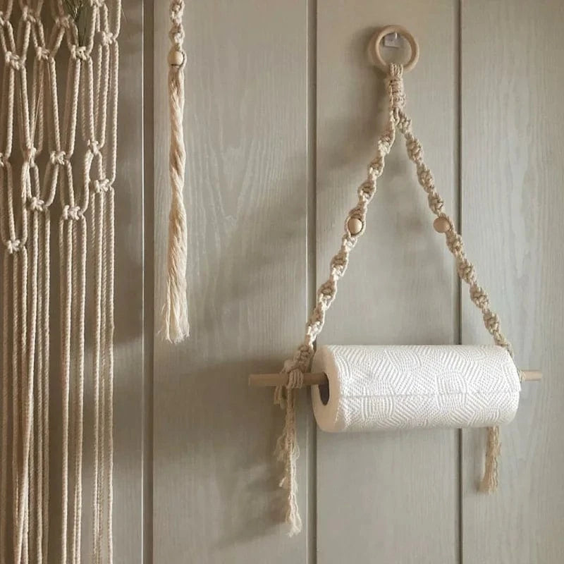 Porte Papier Toilette Zen - Macramé Coton & Bois Naturel