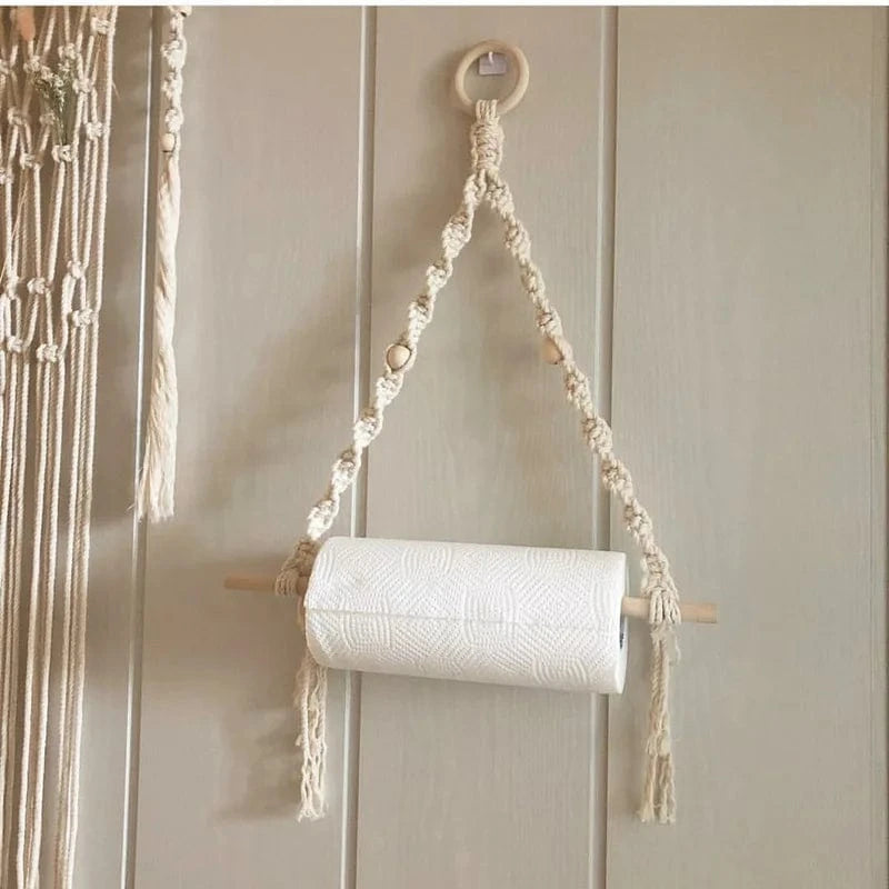 Porte Papier Toilette Zen - Macramé Coton & Bois Naturel