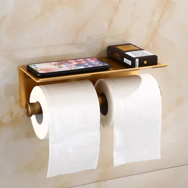 Porte Rouleau Papier Toilette Doré - Double + Tablette Alu