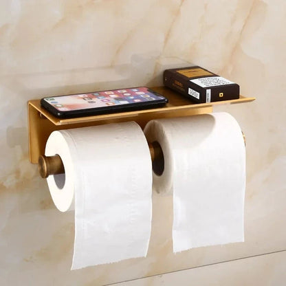 Porte Rouleau Papier Toilette Doré - Double + Tablette Alu