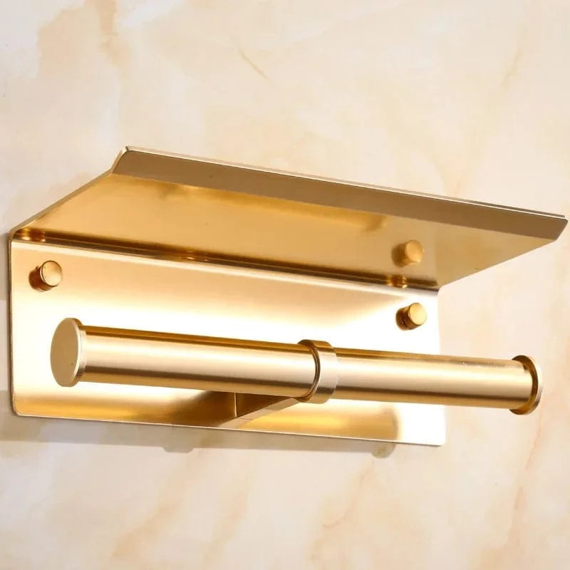 Porte Rouleau Papier Toilette Doré - Double + Tablette Alu